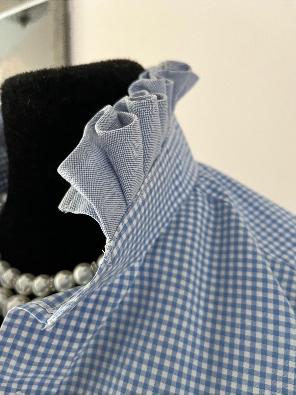 Upcycled Polo by Ralph Lauren Light Blue Gingham Button-Down Ruffle Collar